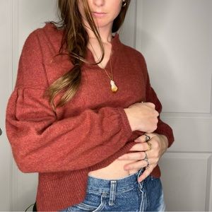 Madewell Rusty Red Orange Sweater Puff Sleeves Slightly Cropped Soft Long Sleeve